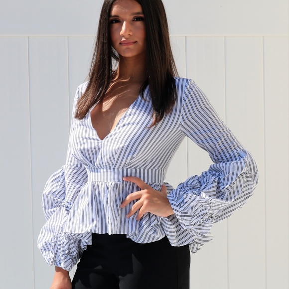 RUFFLE SLEEVE PINSTRIPE BLOUSE - Picture 7 of 8